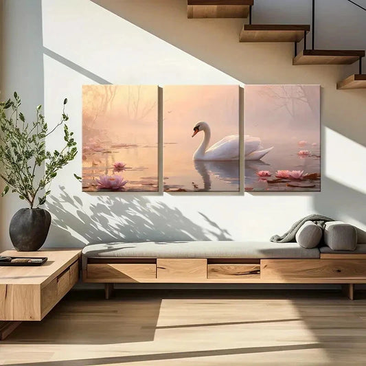 3pcs Elegant Swan Serene Lake Pink for Lotus Metal Print Ready to Hang Art