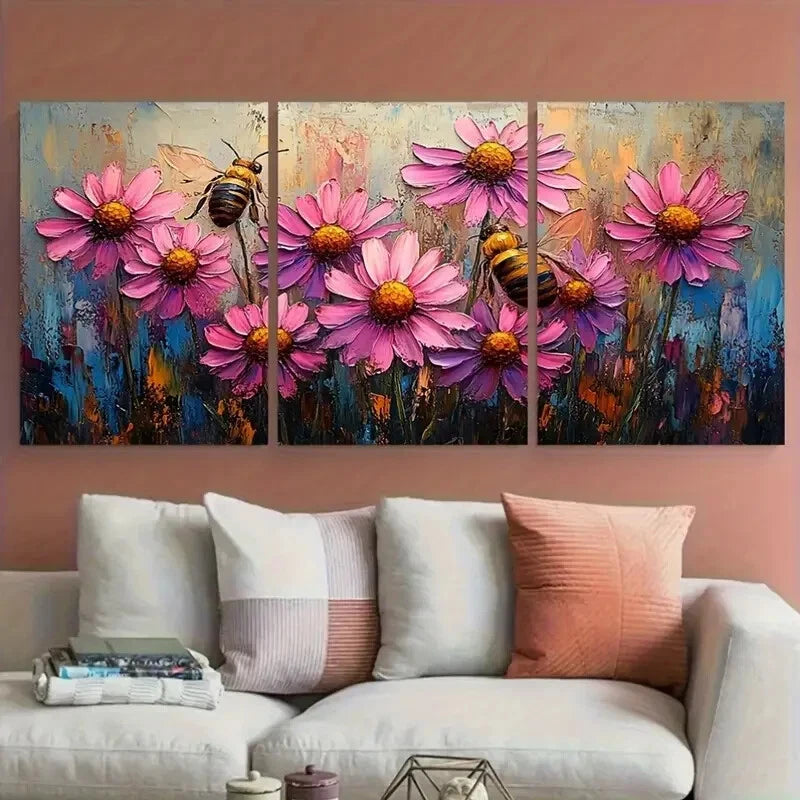3pcs Pink Daisy Coneflower with Bee Impasto Design Metal Print Ready to Hang Art