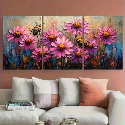 3pcs Pink Daisy Coneflower with Bee Impasto Design Metal Print Ready to Hang Art