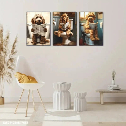 3pcs Cute Dog Reading Newspaper on Toilet Metal Print Ready to Hang Art
