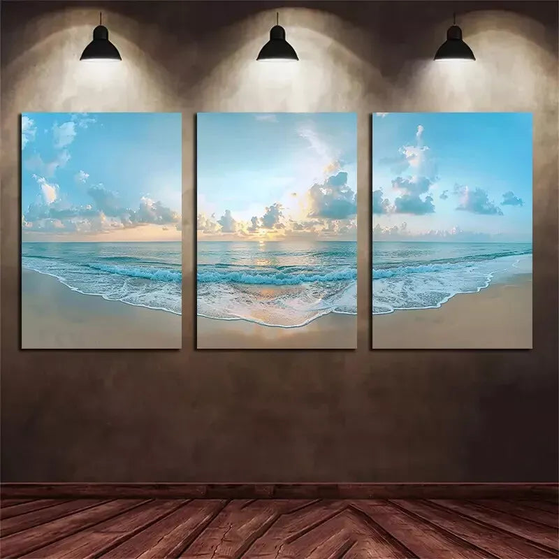 3pcs Beautiful Beach with Golden Sand & Sunset Sky Canvas Framed 40x60cm - High Quality Print 100% Australian Made Wall Canvas Ready to Hang