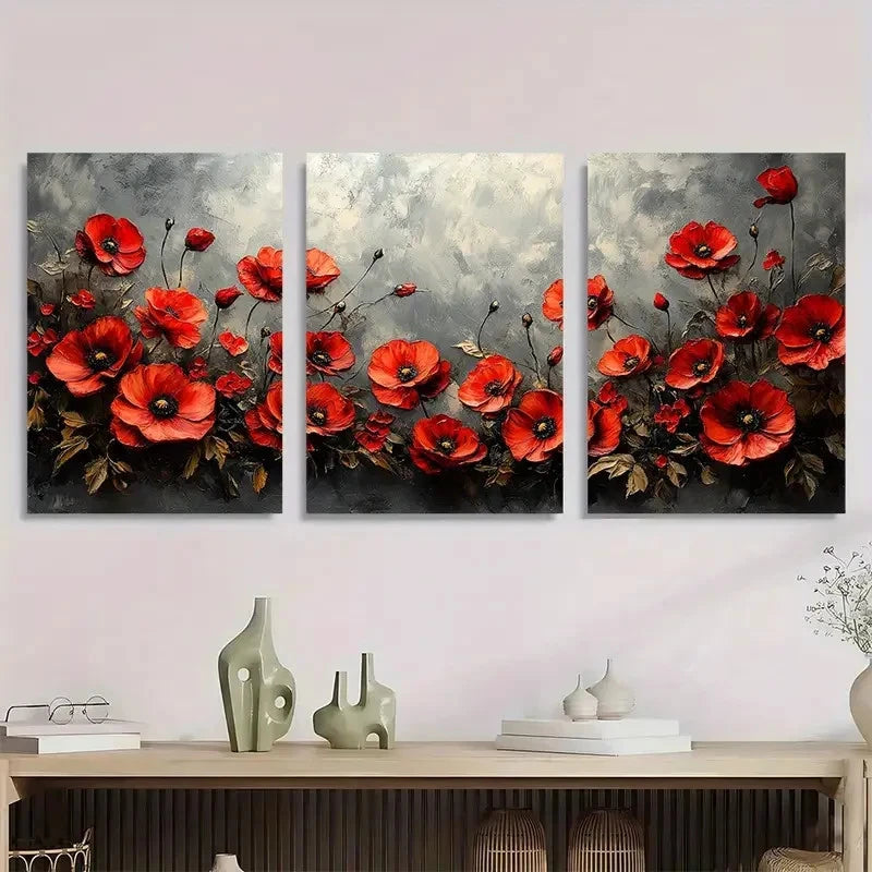 3pcs Red Poppies And Roses On A Gray Background Metal Print Ready to Hang Art