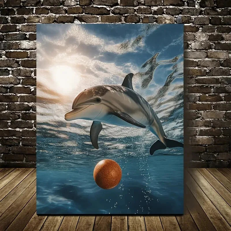 Hyper Realistic Scene of Dolphin Playing Painting 40x60cm Metal Print Ready to Hang