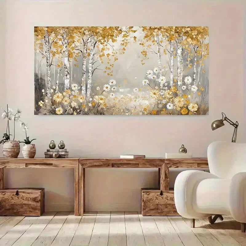 Golden Leave Trees Flowers wall canvas office home room framed 120x60cm - Bella Home Decor