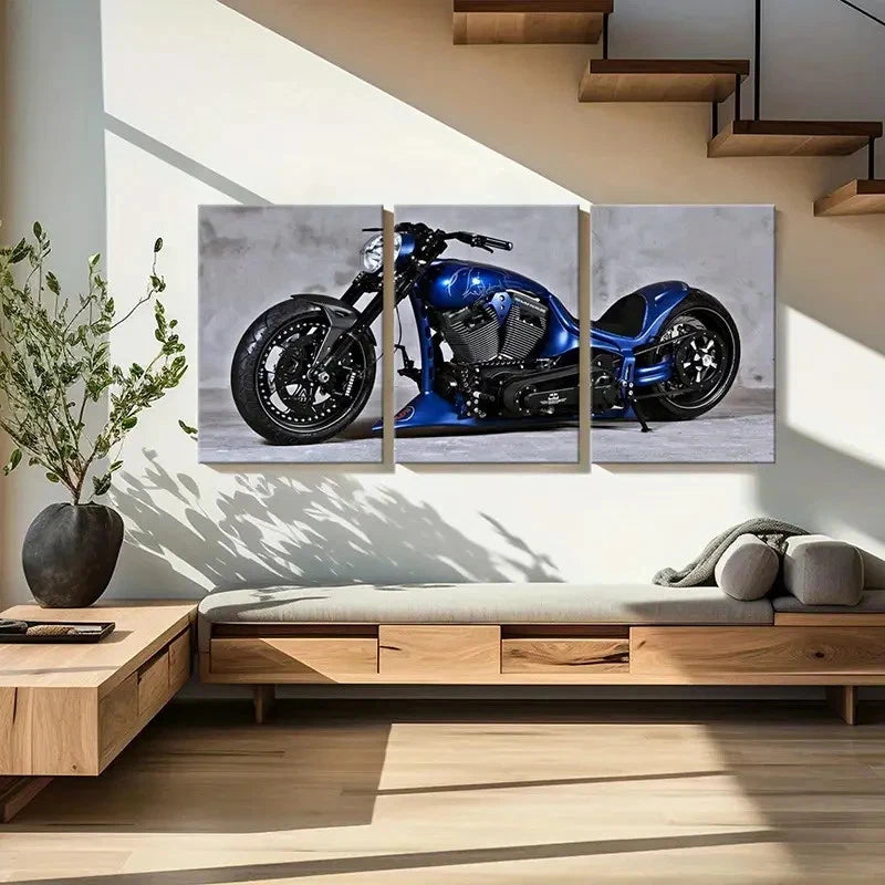3pcs Blue Retro Motorcycle Vehicle Wall Art Set Canvas Framed 60x90cm - High Quality Print 100% Australian Made Wall Canvas Ready to Hang