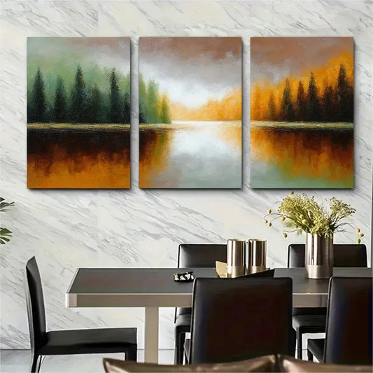3pcs Sunrise Forest Lake Oil Abstract Perfect Wall Art Set Canvas Framed 40x60cm - High Quality Print 100% Australian Made Wall Canvas Ready to Hang
