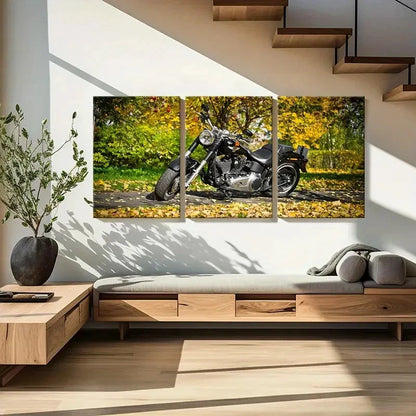 3pcs Motorcycle with Autumn Leaves Scene Wall Art Set Canvas Framed 60x90cm - High Quality Print 100% Australian Made Wall Canvas Ready to Hang