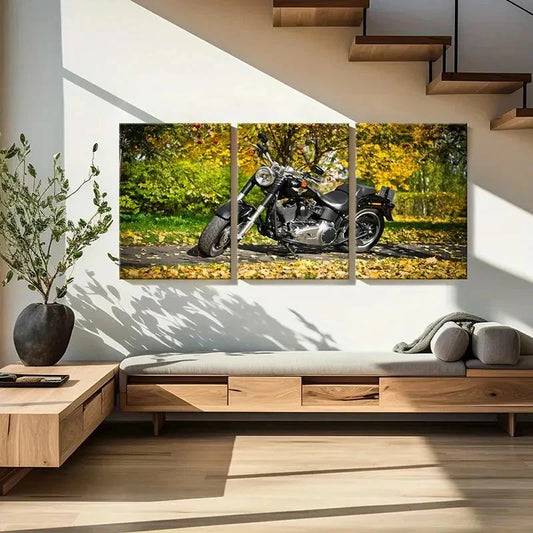 3pcs Motorcycle with Autumn Leaves Scene Wall Art Set Canvas Framed 60x90cm - High Quality Print 100% Australian Made Wall Canvas Ready to Hang