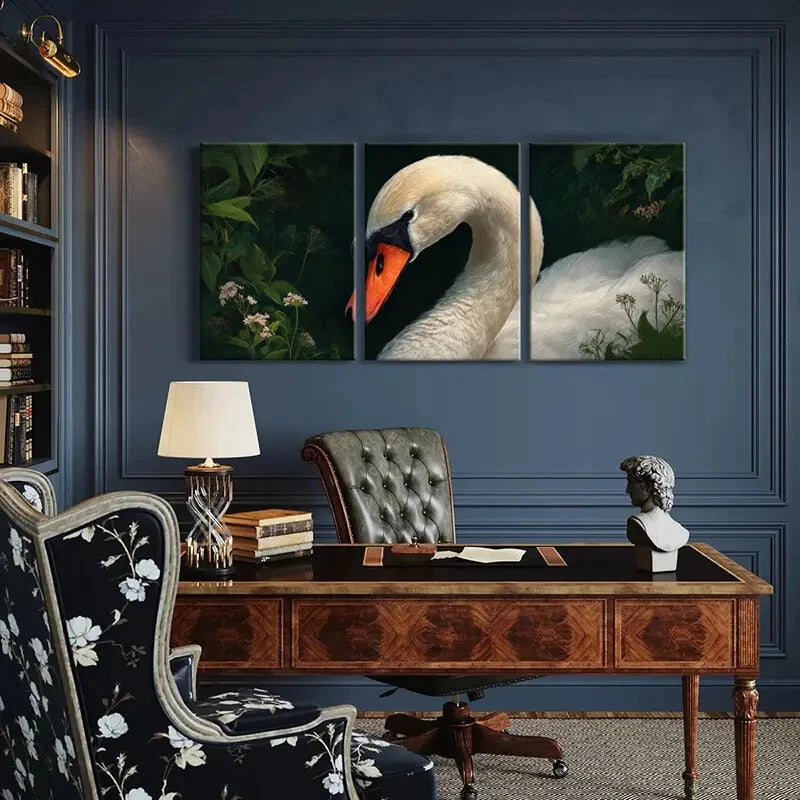 3pcs Elegant Swan White Feathers Background Nature Metal Print Ready to Hang Art