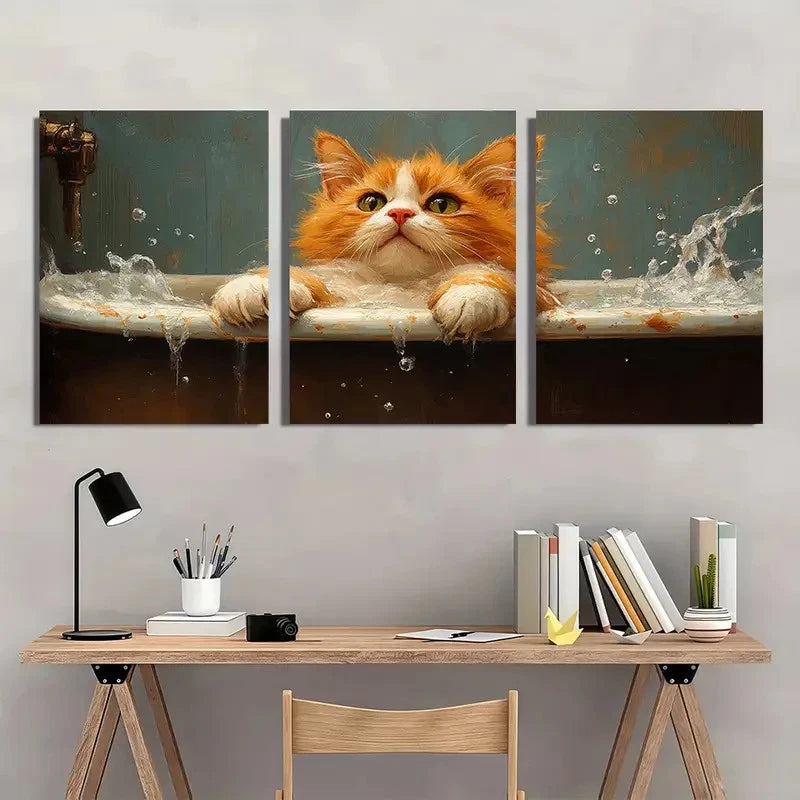 3pcs Funny Orange Kitten in Bathtub Wall Art Set Canvas Framed 40x60cm - High Quality Print 100% Australian Made Wall Canvas Ready to Hang
