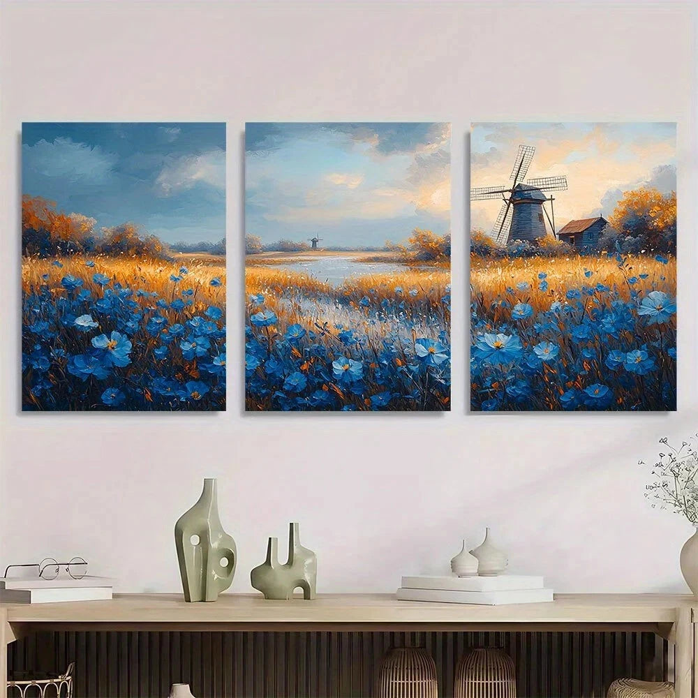 3pcs Blue Flowers & Rustic Windmill Metal Print Ready to Hang Art