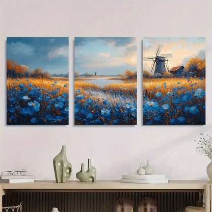 3pcs Blue Flowers & Rustic Windmill Metal Print Ready to Hang Art