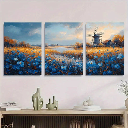 3pcs Blue Flowers & Rustic Windmill Metal Print Ready to Hang Art