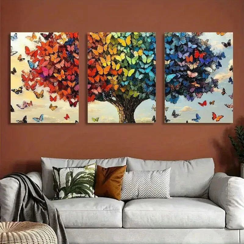 3pcs Butterfly Tree Contemporary Vibrant Metal Print Ready to Hang Art