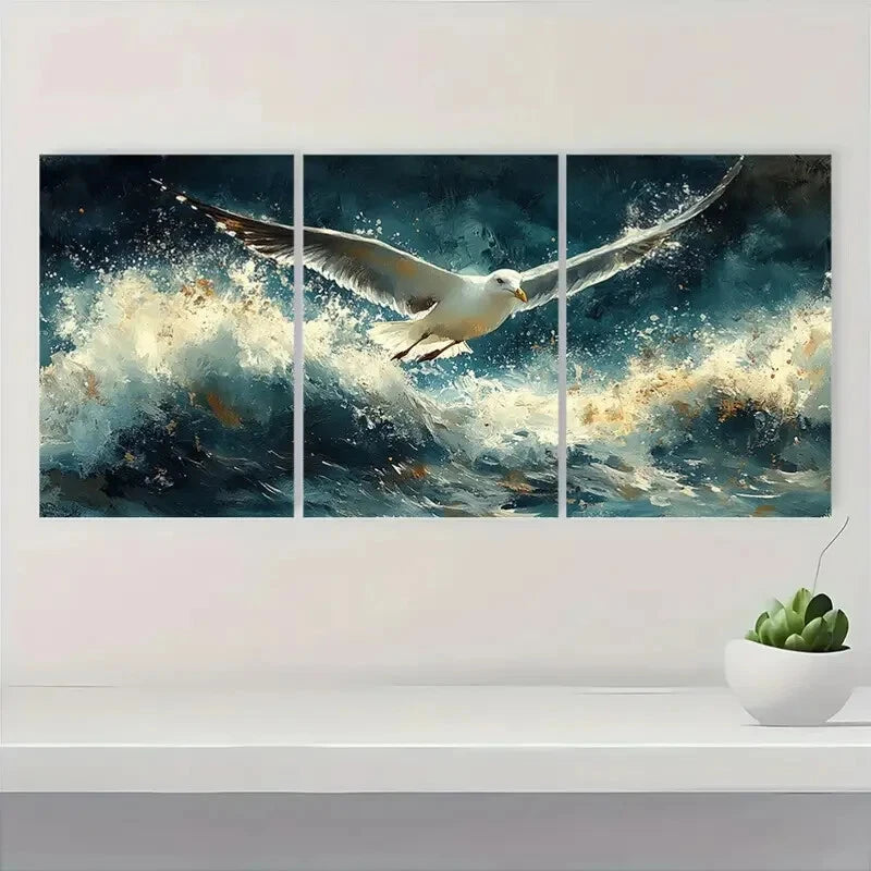 3pcs Seagulls Over Stormy Ocean Watercolor Metal Print Ready to Hang Art