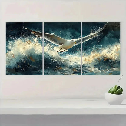 3pcs Seagulls Over Stormy Ocean Watercolor Metal Print Ready to Hang Art