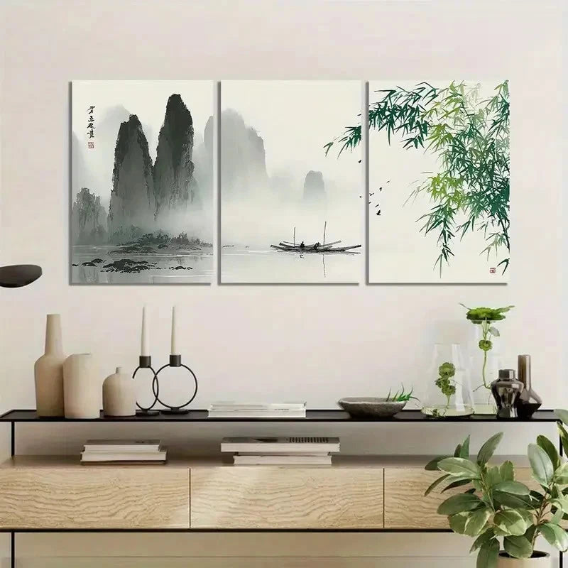 3pcs Chinese Ink Painting with Bamboo Leaves Metal Print Ready to Hang Art