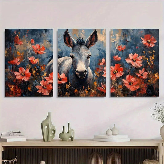 3pcs Dark Blue & Golden Accents Donkey Floral Metal Print Ready to Hang Art