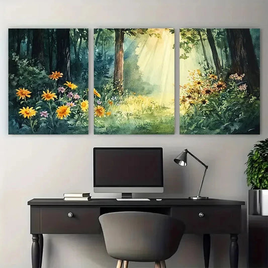 3pcs Sunlit Wildflowers in a Tranquil Nature Wall Art Set Canvas Framed 60x90cm - High Quality Print 100% Australian Made Wall Canvas Ready to Hang