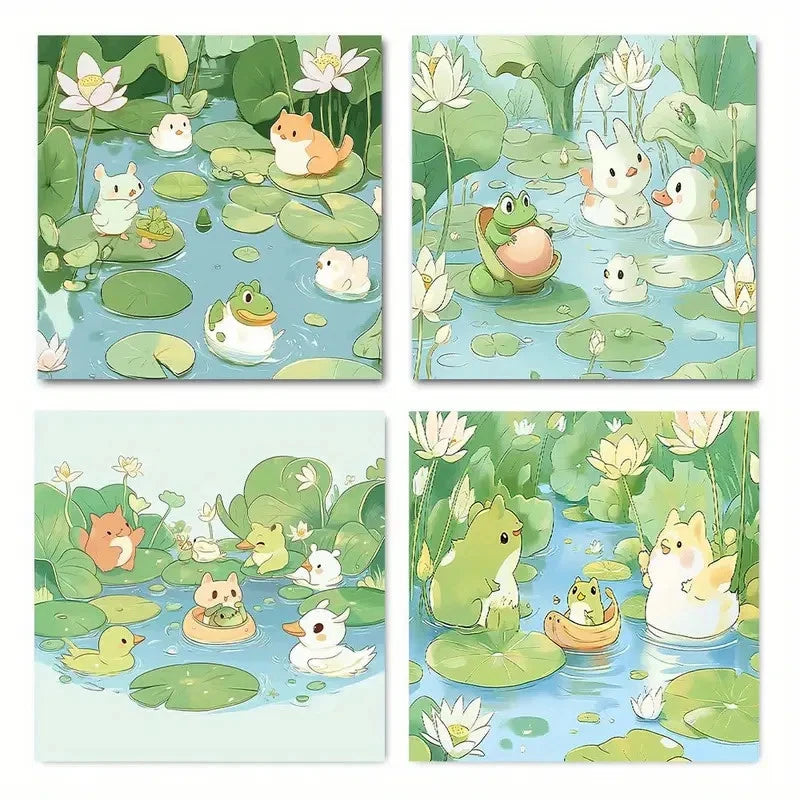 4pcsWhimsical Frog & Lily Wall Art Canvas Framed