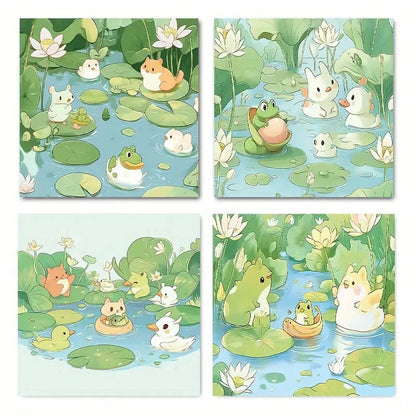 4pcsWhimsical Frog & Lily Wall Art Canvas Framed