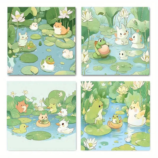 4pcsWhimsical Frog & Lily Wall Art Canvas Framed