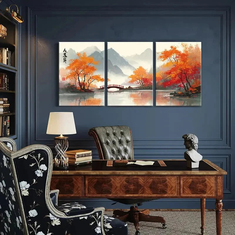 3pcs Zen-Inspired Autumn Landscape Mountain SceneryMetal Print Ready to Hang Art