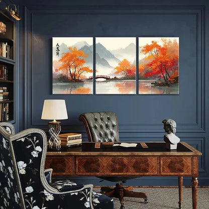 3pcs Zen-Inspired Autumn Landscape Mountain SceneryMetal Print Ready to Hang Art