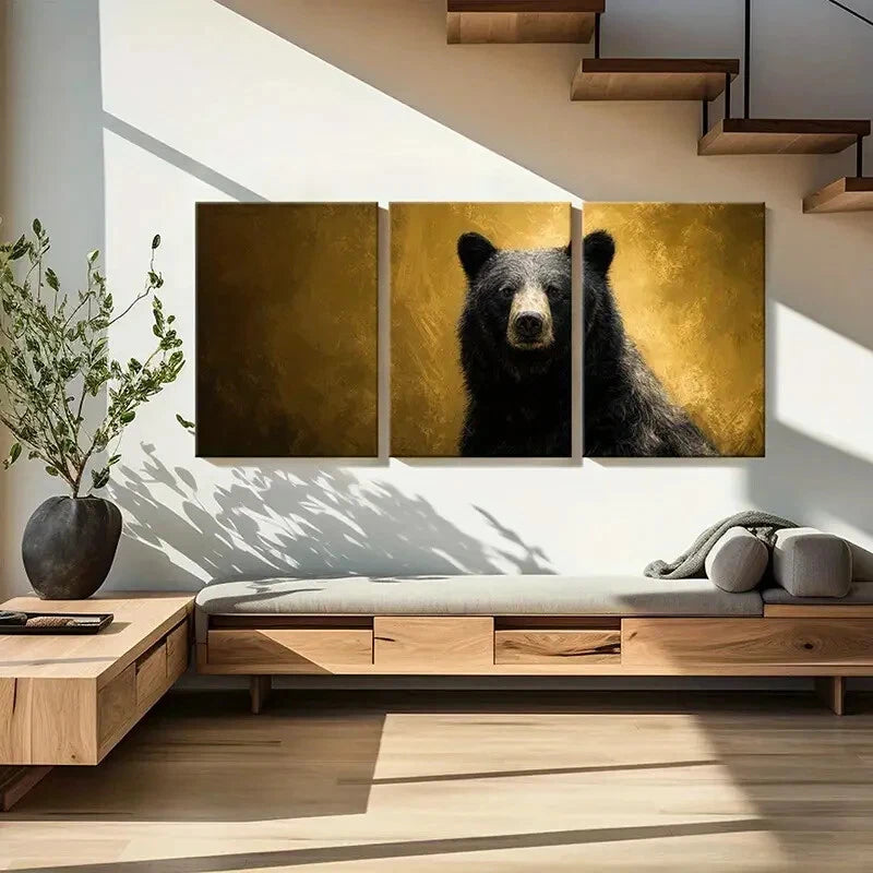 3pcs Black Bear Artwork with Golden Background Metal Print Ready to Hang Art