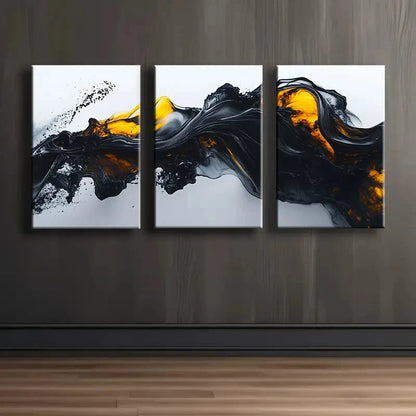 3pcs Black And Yellow Liquid Abstract Wall Art Set Canvas Framed 50x70cm - High Quality Print 100% Australian Made Wall Canvas Ready to Hang