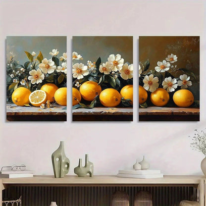 3pcs Floral & Lemon Vibrant White Flowers Metal Print Ready to Hang Art