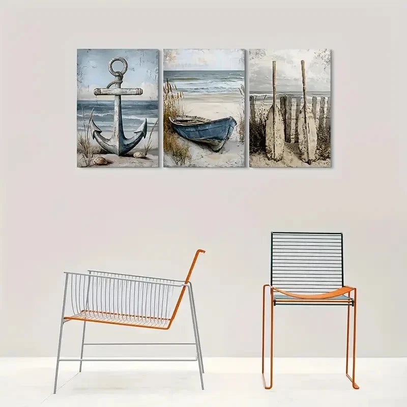 3pcs Beach Scene Nautical Anchor Boat Coastal Metal Print Ready to Hang Art