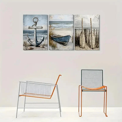 3pcs Beach Scene Nautical Anchor Boat Coastal Metal Print Ready to Hang Art