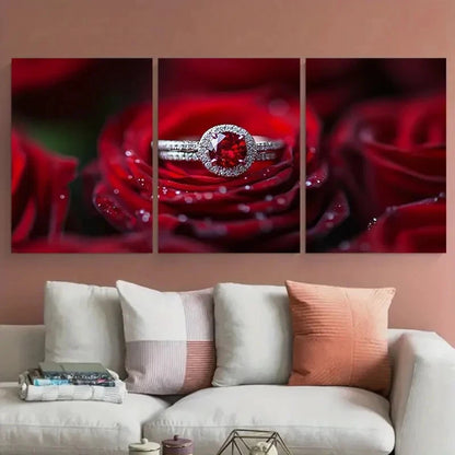 3pcs Red Rose & Wedding Ring with Diamond Metal Print Ready to Hang Art