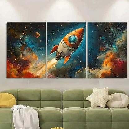 3pcs Whimsical SciFi Childrens Space Rocket Art Metal Print Ready to Hang Art
