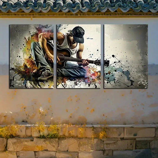 3pcs Guitarist with Color Splashes Metal Print Ready to Hang Art