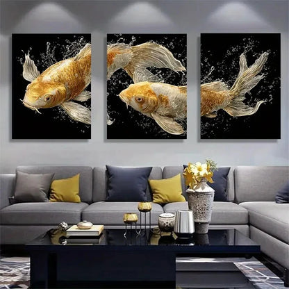 3pcs Golden Koi Fish Prosperity Symbol Wall Art Metal Print Ready to Hang Art