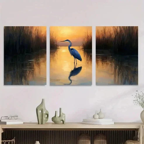 3pcs Blue Heron Sunset Paintings Wall Art Set Canvas Unframed - High Quality Print 100% Australian Made Wall Canvas