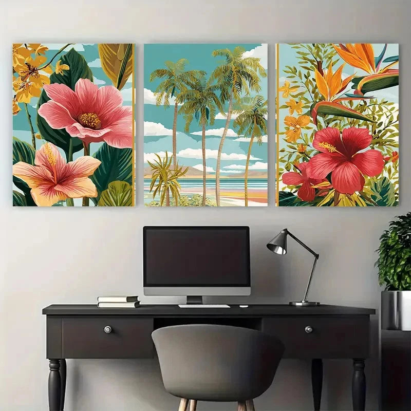 3pcs Lanzarote Travel Beach Floral Illustration Wall Art Set Canvas Framed 40x60cm - High Quality Print 100% Australian Made Wall Canvas Ready to Hang