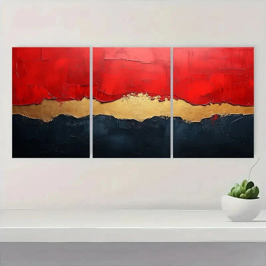 3pcs Abstract Red Beige & Black Textured Metal Print Ready to Hang Art