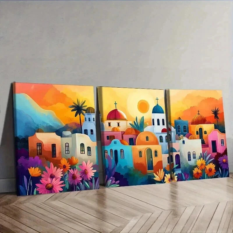 3pcs Greek island style town Wall Art Set Canvas Framed 50x70cm - High Quality Print 100% Australian Made Wall Canvas Ready to Hang