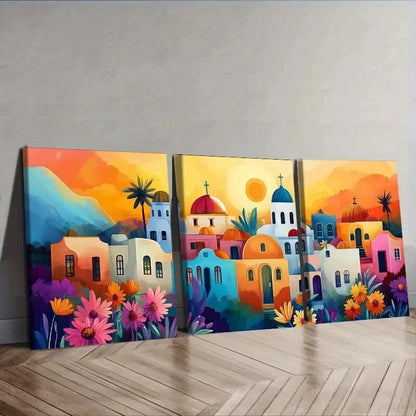 3pcs Greek island style town Wall Art Set Canvas Framed 50x70cm - High Quality Print 100% Australian Made Wall Canvas Ready to Hang
