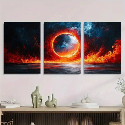 3pcs Elegant Black Vibrant Sunset & Ocean Metal Print Ready to Hang Art