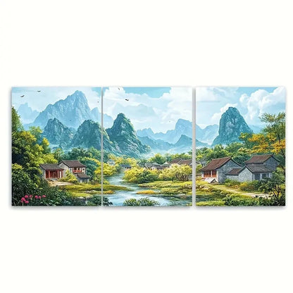 3pcs Guangxi Village & Karst Mountain Poster Metal Print Ready to Hang Art