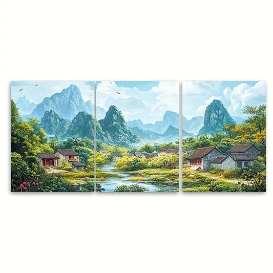 3pcs Guangxi Village & Karst Mountain Poster Metal Print Ready to Hang Art