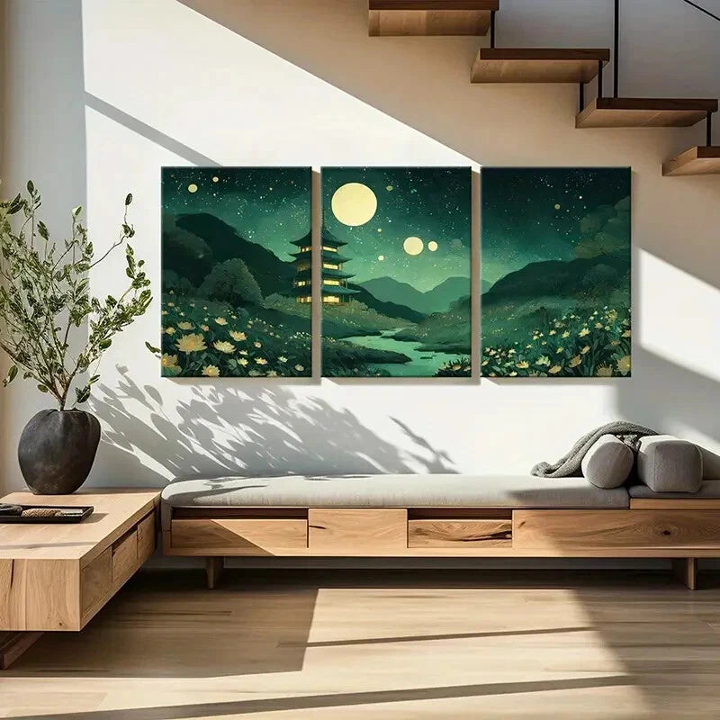 3pcs Serene Night Sky Stars & Glowing Flowers Metal Print Ready to Hang Art