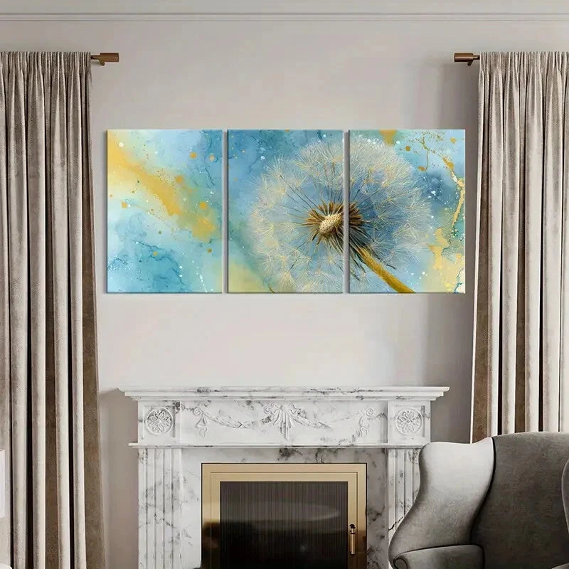 3pcs Dandelion Golden & Blue Watercolor Splashes Metal Print Ready to Hang Art