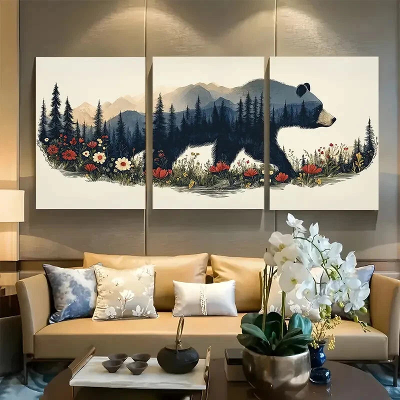 3pcs Bear-Themed Scandinavian Linocut Design Metal Print Ready to Hang Art