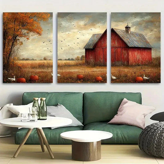3pcs Rustic Barn with Pumpkins and Turkeys Metal Print Ready to Hang Art