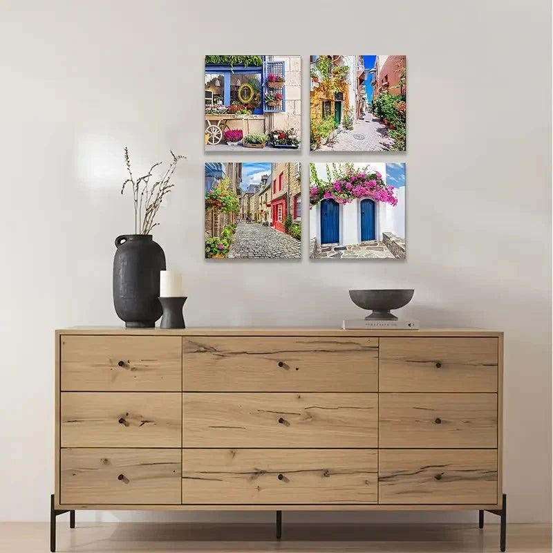 4pcs  Modern Town Street Artwork Wall Art Canvas Framed